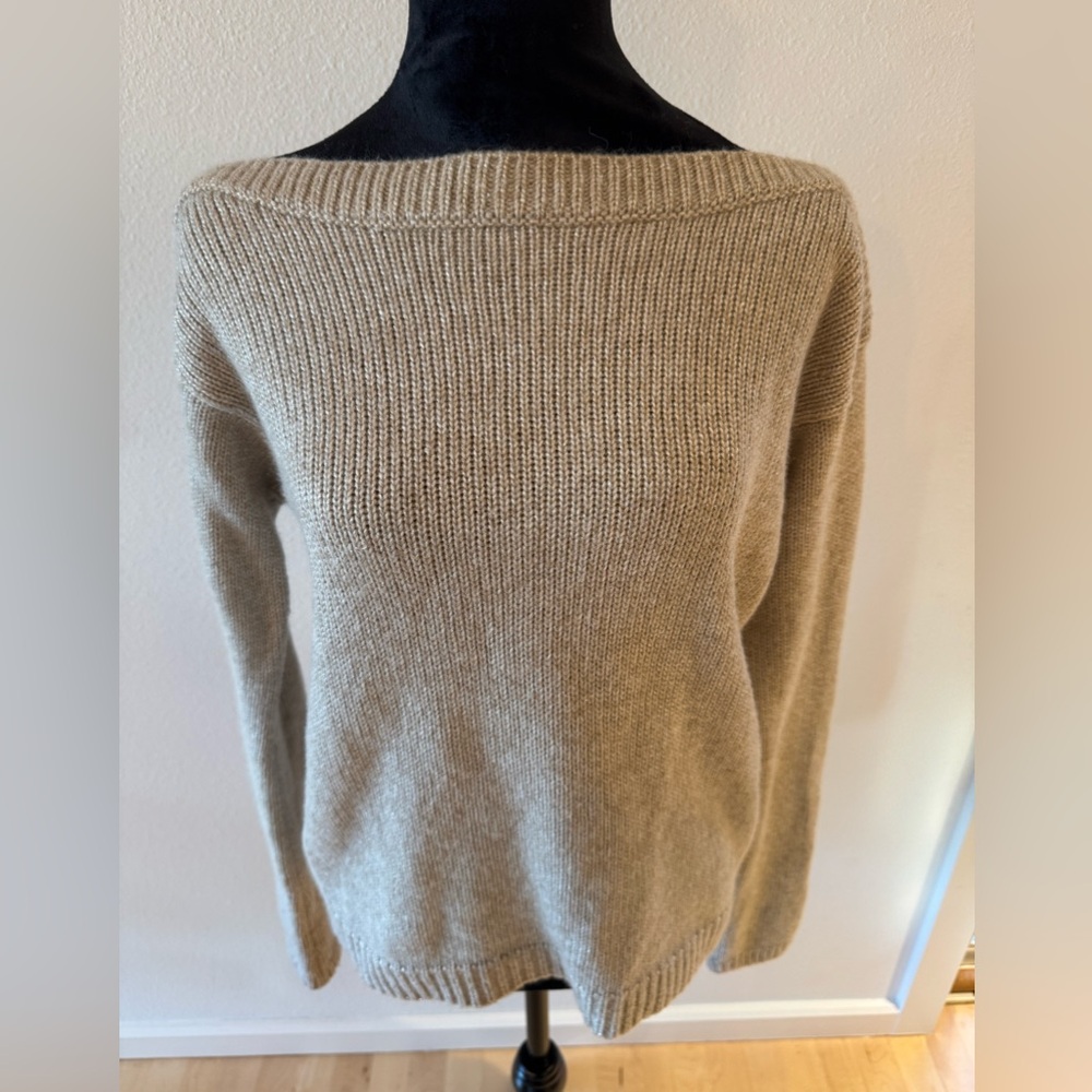 White House Black Market beige metallic knit boat neck wool blend sweater